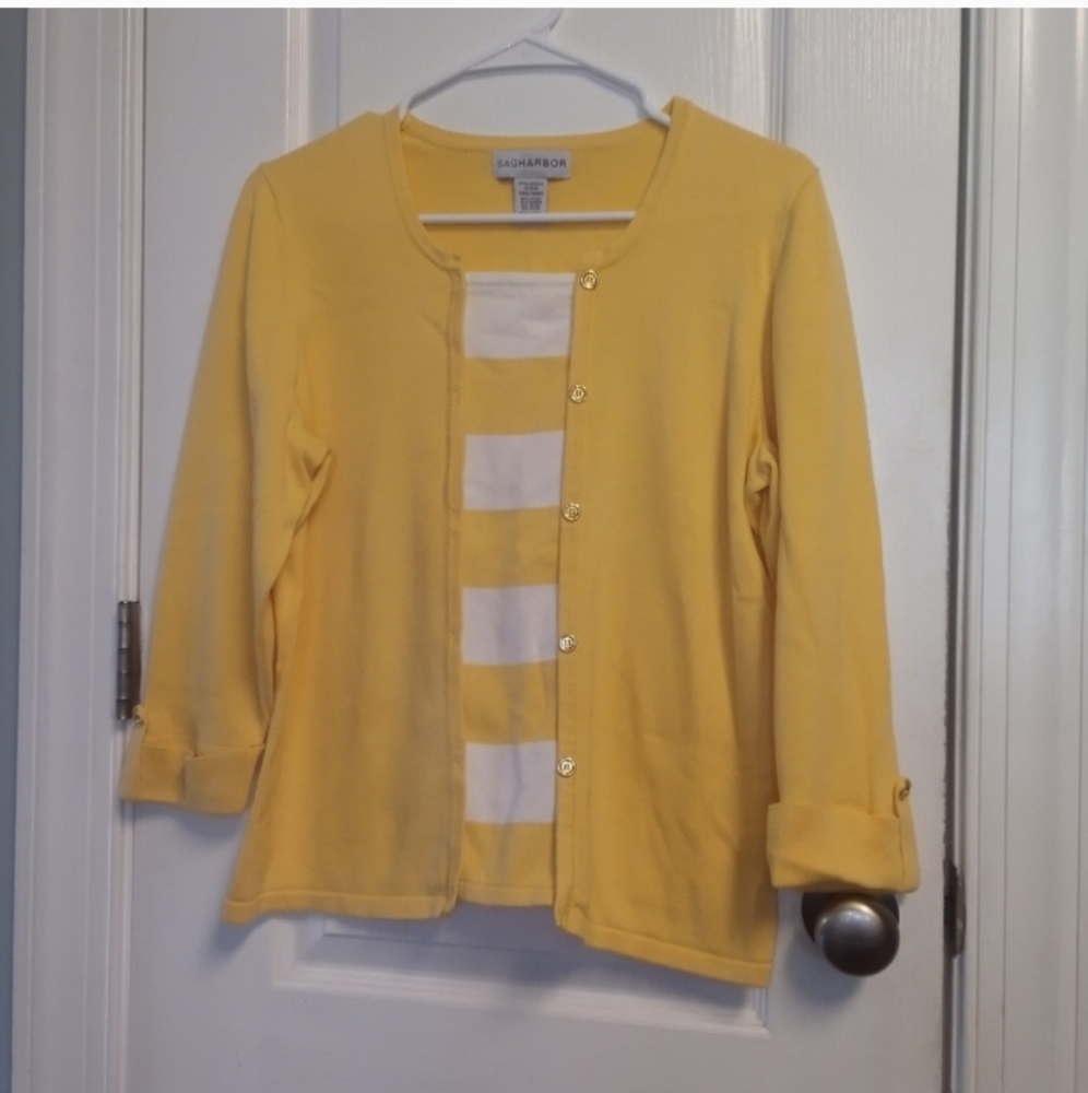 Sag Harbor Women's L Yellow Blouse W Cardigan Attached White Stripes EUC Career